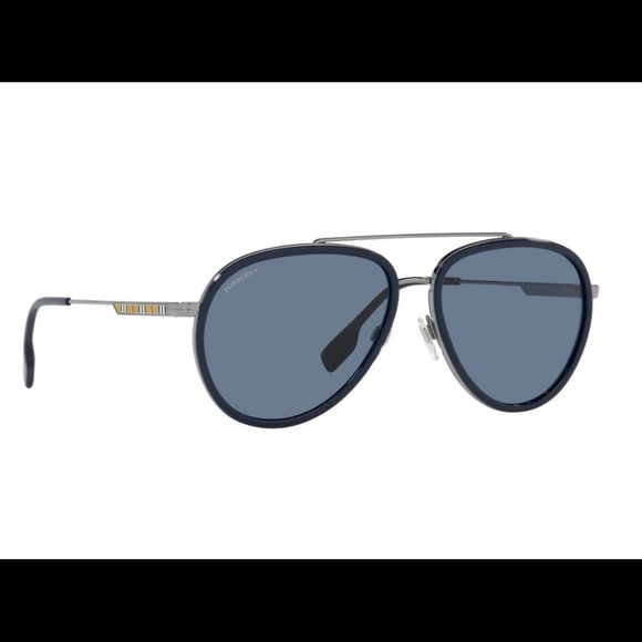 BURBERRY UNISEX GUNMETAL DARK BLUE PILOT AVIATOR LOGO SUNGLASSES - Picture 12 of 14